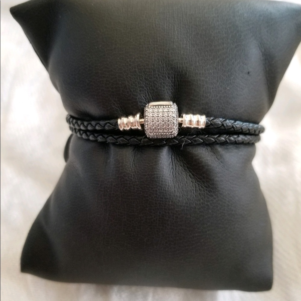 Black leather double strap bracelet